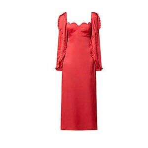 Farm Rio Heart Shaped Neck Midi Dress Womens Small Red Long Sleeve Anthropologie